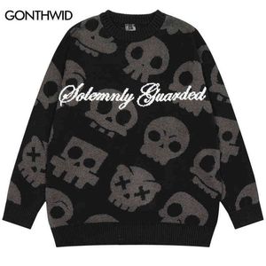 Herrtröjor män stickade tröjor y2k grunge hiphop skalle skelett jumpers tröja streetwear hösten harajuku mode punk gothic pullovers t220906