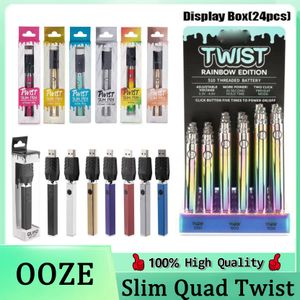 Slim Twist Pen Quad Twist F￶rv￤rmbatteri 650mAh 900mAh 1100mAh med Display Box Variable Sp￤nning 510 Tr￥d Vape PK Vision Spinner Fast Ship