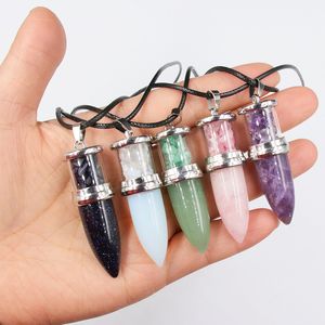 Natural Stone Bullet Necklaces for Women Men Gravel Pink Quartz Green Aventurine Obsidian Lapis Lazuli Pendulum Pendant Fashion Rope Chain DIY Jewelry Accessories