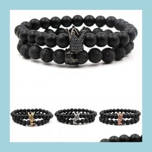 Charm Bracelets Natural Black Stone Crown Bracelets Set For Women Men 8Mm Yoga Beads Healing Energy Bracelet Bangle Hand Dhseller2010 Dh32N