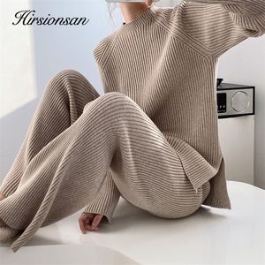 Womens Two Piece Pants Hirsionsan Soft Cashmere Knitted Sets Women Autumn Winter Casual Pieces Sweater and Outfits Solid Tracksuit Lady 220906