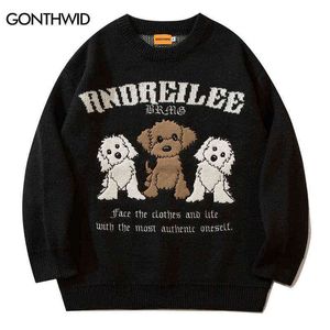 Men's Sweaters Men Korean Sweaters Streetwear Harajuku Embroidery Cartoon Dog Jumpers Sweater 2022 Autumn Hip Hop Casual Pullovers Streetwear T220906