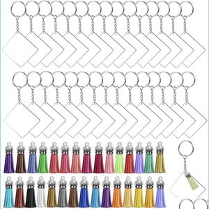 Keychains 120st Square Acrylic Keychain Blank Tassel Set Women Bag Pendant Car Key Rings with Chain DIY Craft Jewelry Ornament Makin Dhlbe