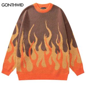 Мужские свитеры мужчины вязаный свитер Y2K Harajuku Fire Flame Jumpers Свитера уличная одежда 2022 Осенний хип -хоп Свитер с пулором Blue Orange T220906