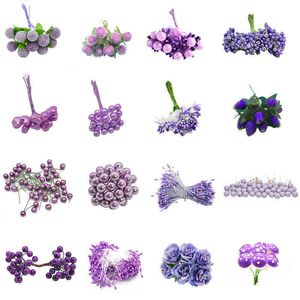 Faux Floral Greenery Mix Viola Fiore artificiale Ciliegia Farina Fili Bacche Fascio Fai da te Decorazioni natalizie Torta nuziale Confezione regalo Ghirlande Decorazioni natalizie J220906