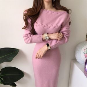 Two Piece Dress Korean Chic Elegant Knitted Suit Women Slash Neck Off Shoulder Twist Sweater Midi Bodycon Skirt Sets Office Lady 220906