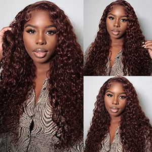 Reddish Brown Water Wave Lace Front Wigs Human Hair Pre plucked with Baby Hair Dark Auburn Frontal Wig for Women 150% Density 20 inch