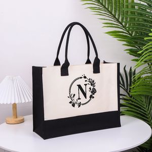 TOPDesign Personalized Initial Canvas Beach Bag Monogrammed Gift Tote Bag Flower and Circle Print for Women CM