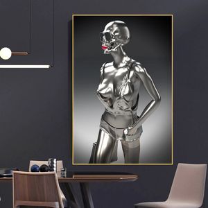 Canvas målning röda läppar metall kvinna konst sexig tjej staty affischer och skriver väggkonst bild för vardagsrum väggdekor cuadros