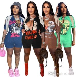 2022 Summer Women Shorts Jumpsuits Playsuits Bodysuits Sexy Printed Hip Hop Street Split Tassel Short Sleeve Rompers