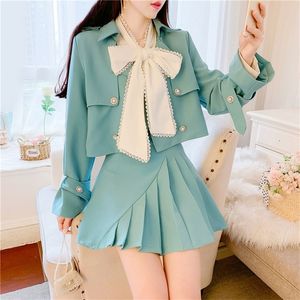 Two Piece Dress Autumn Temperament Suit Women Windbreaker Jacket Coat Ctop Top Pleated Mini Skirt Sets Outfits Bow Tie Shirt 220906