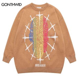 Мужские свитера Винтажный вязаный свитер мужчины женщины Harajuku Retro Pattern Pullover Jumpers Sweaters Streetwear 2022 Хип -хоп повседневный свитер T220906