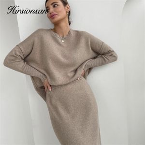 Two Piece Dress Hirsionsan Soft Elegant Vintage Women Suits 2 Pieces Female Sets O Neck Sweater Midi Ladies Knitted TrackSuit 220906