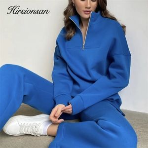 Pantaloni a due pezzi da donna Hirsionsan Casual Cotton TwoPiece Set Donna HalfZipper Collar Felpa allentata Pullover Wideleg Solid Matching 220906