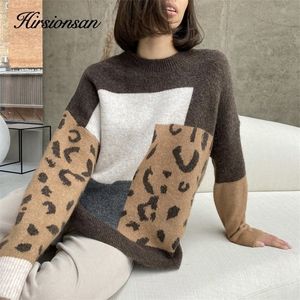 Camiscedores femininos Hirsionsan Leopard Patchwork Sweater Mulheres Pulloves de malha casual soltos Autumn malha de malha macia feminino retro saltador 220906