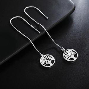 Brincos de balanço WQQCR Marca 925 Silver Color Feminina Árvore de vida Longa Cadeia fina de jóias lineares Drop Fashion Drop