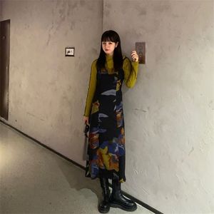 Two Piece Dress Harajuku retro oil painting long skirt T-shirt two-piece suit fashion woman Y2k tie-dye printing print suspender dress women 220907