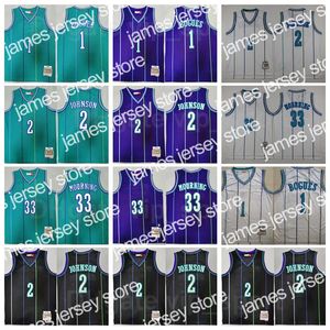 College nosza koszulki men vintage koszykówka Alonzo Mourning Jersey 33 Tyrone Msy Bogues 1 Larry Johnson 2 Zielona biała fioletowa drużyna sportowa