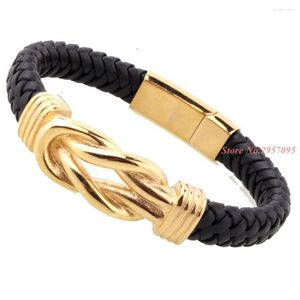 Link Bracelets Top Quality Black Genuine Leather Bracelet Men Stainless Steel Braid With Matte Gold Buckle Clasp