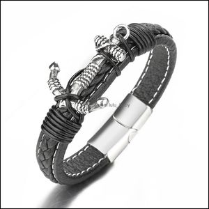 Link Chain Men Anchor Leather Bracelet Link Mtilayer Cuff Wrapped Rope Wristband Black Cord Wrist Band Bangle Jewelry M Dhseller2010 Dh2Qm