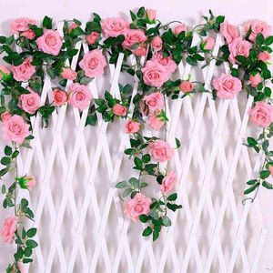 Faux Floral Greenery 24m الحرير الورود الاصطناعية الزهور راتان سلسلة كرمة مع أوراق خضراء للمنزل الزفاف الديكور معلق جدار إكليل j220906