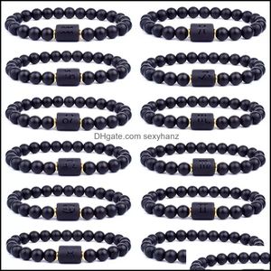 Fili di perline 12 Braccialetti di costellazioni Uomo Bracciale con fili di perline di pietra nera Segno zodiacale Oroscopo Amante Coppia Amicizia J Dhpxb