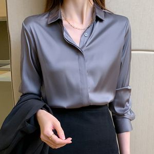 2022 Spring Office Office Lady Lady Silk Bloups New Satin Camisetas Mulheres Camisa de Chiffon Turn Down Collar Tops de manga longa casual tops soltos