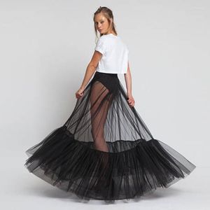 Vestidos casuais pura uma camada maxi preto veja através de mulheres tule longo com bordas ruched 2022 Design sem forro