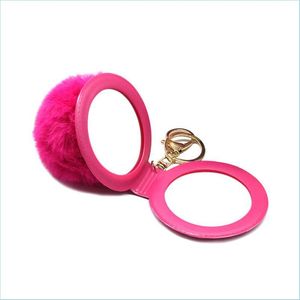 Schlüsselanhänger, Make-up-Spiegel-Schlüsselanhänger, süßer Pom-Schlüsselanhänger, Puffball-Schlüsselanhänger, Damen-Schlüsselanhänger, Ring, Autotasche, Mode-Accessoires, Weihnachtsgeschenk, Dhxgz