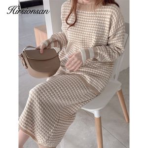Two Piece Dress Hirsionsan Elegant Knitted Suits Women Soft Sexy Female Sets 2 Pieces Slim Fit Skirt Loose Houndstooth Sweater Ourfits Pullovers 220906