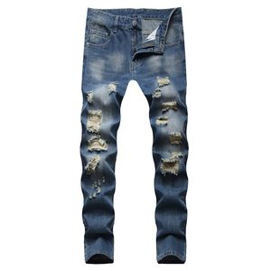 Retro Blue Mens Ripped Jeans Hip Hop Biker Denim Pants Mane Casual Slim Trousers Fashion Skinny Streetwear Storlek 28-42 Pantalones