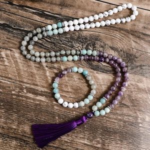 Pendant Necklaces 8mm Amethyst Howlite Pure Amazonite Labradorite Beaded Mala Necklace Meditation Yoga 108 Japamala Jewelry Bracelet Sets