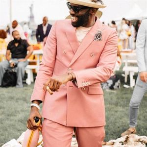 Blush Pink Double Breasted Groom Tuxedos Peaked Lapel Mens Suits Wedding Prom Dinner BlazerJacket Pants