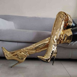 ブーツ春の秋のファッション女性靴膝の上のハイエレガントなセクシーなゴールドブーツ220906