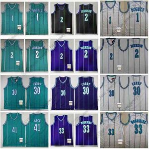 Retro basketbol formaları 1 Tyrone 2 Larry Muggsy Johnson 30 Dell 33 Alonzo Curry Mourning Pirinç 41 Glen Mavi Yüksek Kalite Forması Boyutu S-XXL