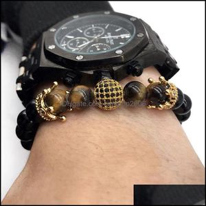 Beaded Strands Double Crown 4 Tiger Eye Stone Armband M￤n och kvinnor Charm Mogen Gentleman Birthday Valentines Day Bead Drop Delive Dhher