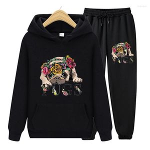 Kvinnors hoodies mode Autumn Winter Women Pullover Lång ärm Söt mopshundtryck Sweatshirt Top och Casual Sport Pants Two Pieces Set