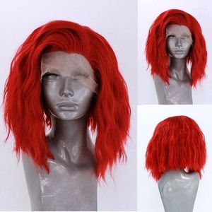 Parrucche sintetiche Aimeya Fronte in pizzo ondulato rosso vivo per donne Parte libera a bob pre -pizzicone del 1550% di densità giornaliera WEA