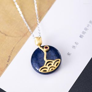 Cadeias 925 colares étnicos retro de prata esterlina para mulheres estilo chinês Lapis lazuli lotus pendente jóias de cadeia de gargantilha 2022 xl035