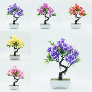 Fiori decorativi Bonsai in plastica Simulazione Rosa Pianta artificiale in vaso Ornamenti di fiori di peonia finti per camera Home Office Desktop Fai da te