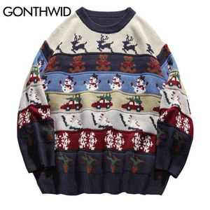 Men's Sweaters Hip Hop Ugly Christmas Sweater Streetwear Harajuku Knitted Deer Pullover Sweater 2022 Autumn Men Patchwork Stripe Sweaters Black T220906