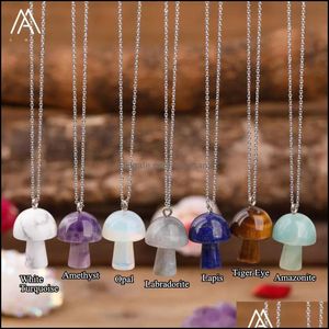 Pendant Necklaces Natural Stone Carving Mushroom Shape Pendant Reiki Healing Crystal Tiger Eye Rose Quartz Amethyst Agate Aventurines Dhand