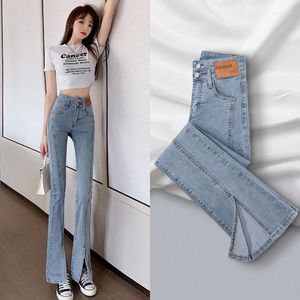 Jeans Feminino Feminino Cintura Alta Jeans Sólido Esguio Calça Flare Fenda Frontal Senhoras Streetwear Magro Comprimento Total Jean Korea Estilo Plus Size