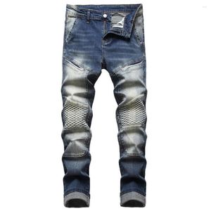 Erkek kot erkek gelgit markası motosiklet fırfırlı ince streç rahat denim yırtık nakış tasarımı pantolon erkek