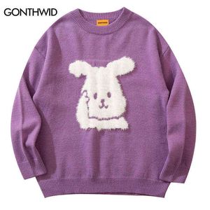 Herrtröjor män hoppare tröjor harajuku fuzzy tecknad kanin stickad pullover tröja män kvinnor 2022 höst mode casual löst tröjor t220906