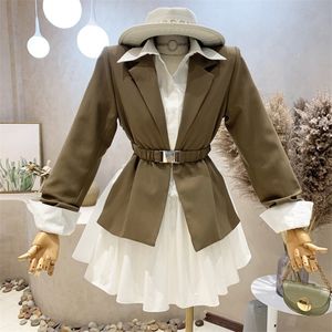 Zwei Stück Kleid Herbst Koreanische Damen Anzug Mode Schlanke Taille Blazer Mantel Weißes Hemd Sets Büro Dame Streetwear 2 Outfit 220906