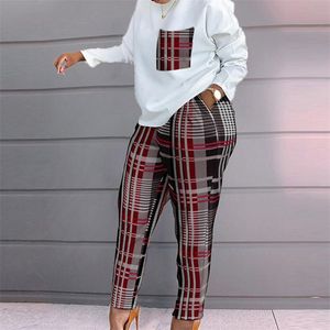 Calças femininas de duas peças conjunto de mulheres primavera outono peças casuais impressão feminina solta combinando terno streetwear manga comprida tops e calças 220907