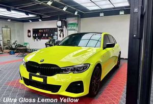 Premium Ultra Gloss Lime Yellow Vinyl Wrap Sticker Whole Shiny Car Wrapping Covering Film With Air Release Initial Low Tack Glue Self Adhesive Foil 1.52x20m 5X65ft
