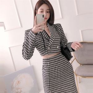 Dwuczęściowa sukienka Autumn Houndstooth Women Suit Vintage Cropled Blazer Pleats wysokie talia Podzielone ołówki Zestaw Elegancki 220906