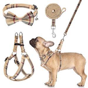 Dog Collars Leashes Harness With Leash And Bow Tie Collar Set Beige Plaid Puppy Escape Proof Adjustable No Pl Vest For Out Sports2010 Amg9E